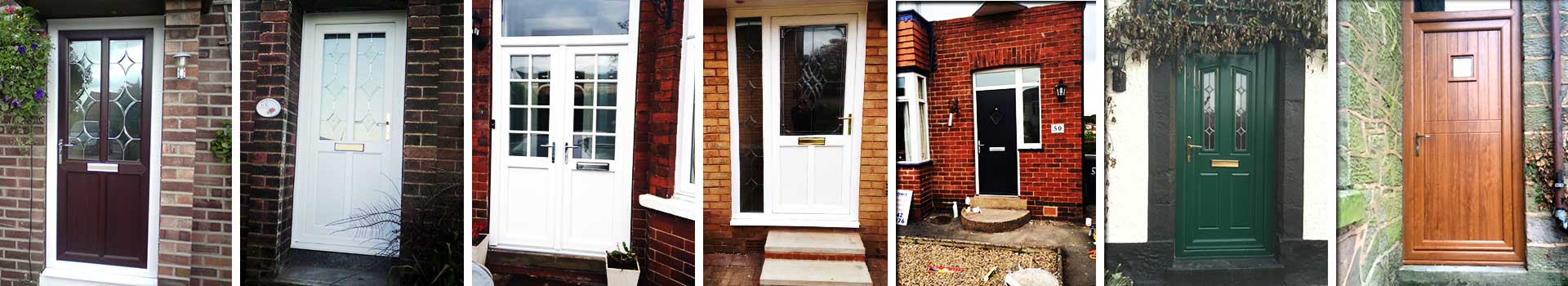 close up of three replacement exterior doors in white and black showing the variety of our doors styles
